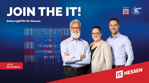 IT Hessen - Join the IT! Auf dem Bild sind unsere Kolleginnen und Kollegen zu sehen, die gemeinsam unter dem Slogan der IT Hessen für Agilität werben.