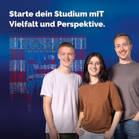 IT Hessen Auf dem Foto sind unsere drei Kolleginnen und Kollegen der IT Hessen Kampagne zu sehen. Gemeinsam werben sie mit dem Slogan "Starte dein Studium mit Vielfalt und Perspektive."